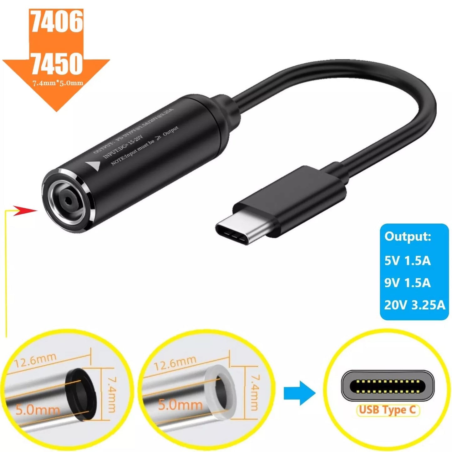 Dell and HP DC 4.5MM - 3.0MM Small pin To USB-C 100W AC Charging Converter Cable For Laptops