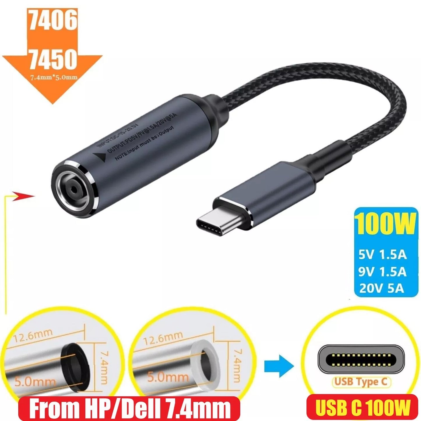 Dell and HP DC 4.5MM - 3.0MM Small pin To USB-C 100W AC Charging Converter Cable For Laptops