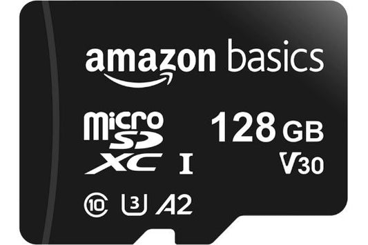 Amazon Basics Micro SDXC Memory Card with Full Size Adapter, A2, U3, Read Speed up to 100 MB/s, 128 GB, Black