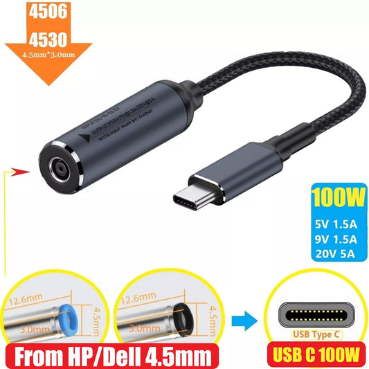 Dell and HP DC 4.5MM - 3.0MM Small pin To USB-C 100W AC Charging Converter Cable For Laptops